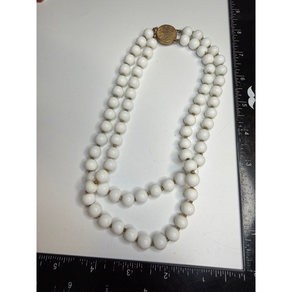 Vintage Double Strand White Milk Glass Bead Hand Knotted Necklace Gold Clasp